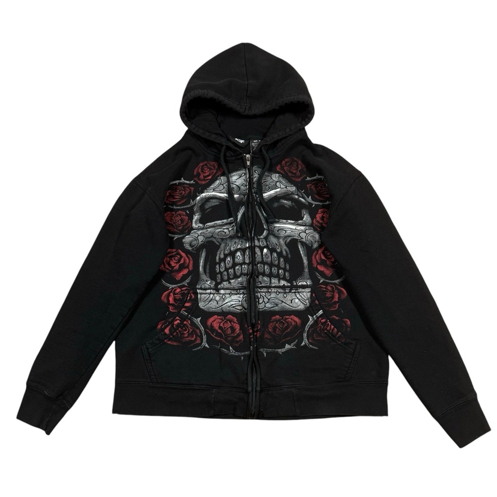 Liquid Blue Hoodie Sweatshirt Men's M Black Zip Jacket Skull Roses Skate Hip Hop